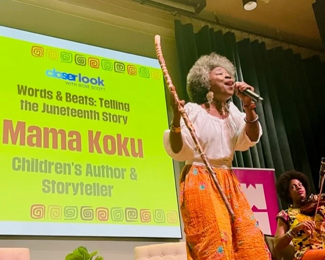 Mama Koku performing at the Atlanta History Center for WABE Closer Look Juneteenth program. Photo credit: Tiffany Griffith/WABE
